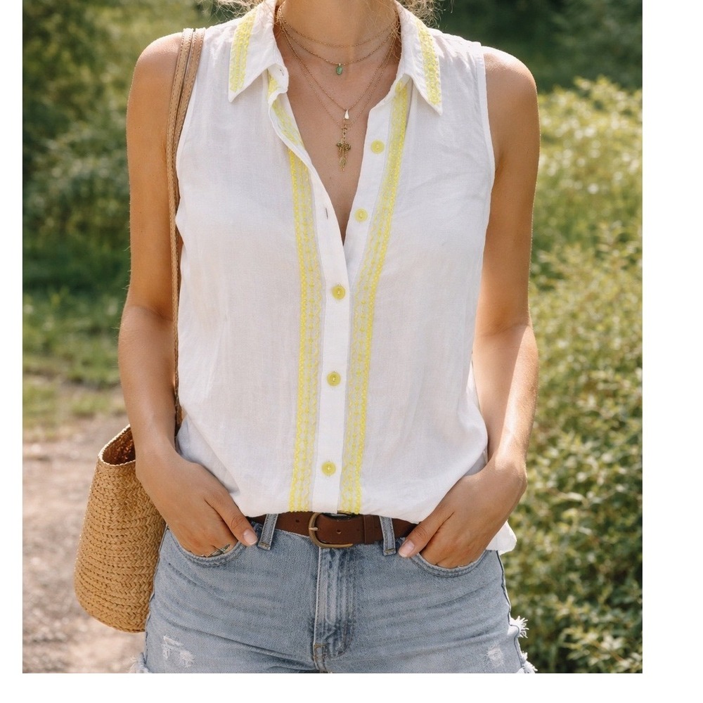 White Cotton‎ Blouse with Lime Neon Embroidery & Buttons Cottagecore Boho Y2K